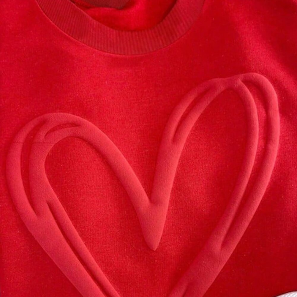 Red Casual Women's Double Heart Puff Sleeve Sweatshirt top - Picture 3 of 3